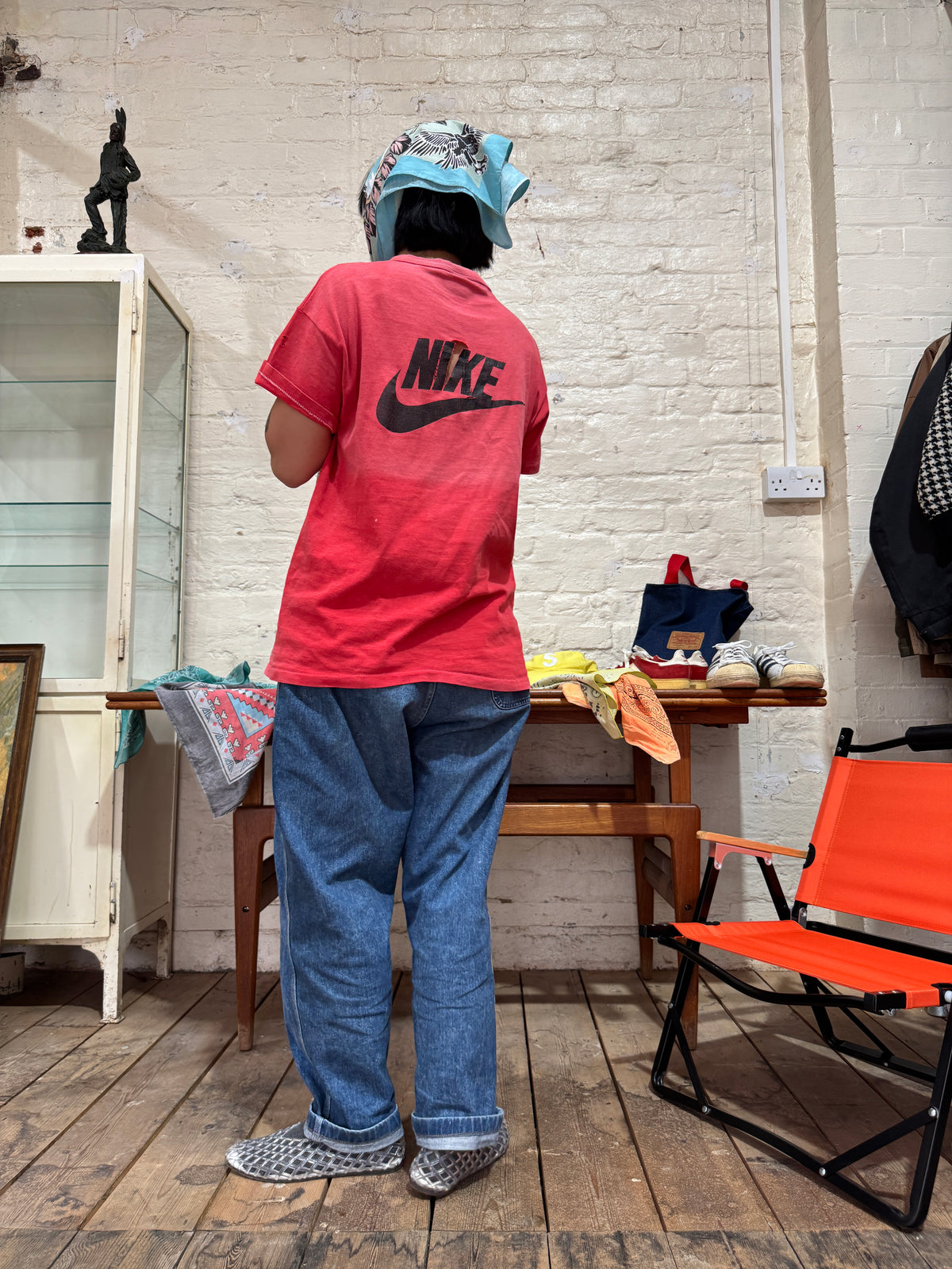 1980s Russell Athletic Faded Red T-Shirt with Nike Sneaker and Logo Print