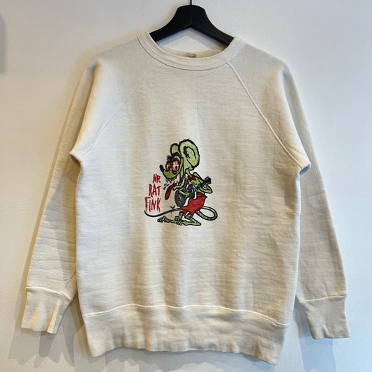 1960s Fruit of the Loom Ed “Big Daddy” Roth White Sweatshirt with Iconic Mr. Rat Fink Playing a Guitar Graphic Print