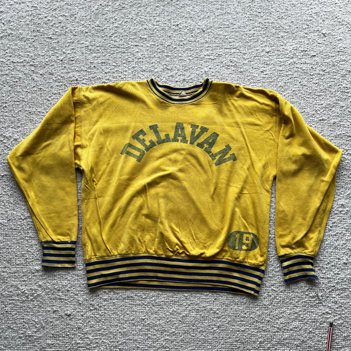 1950s Champion Faded Yellow and Blue Sweatshirt with Delavan 19 Print