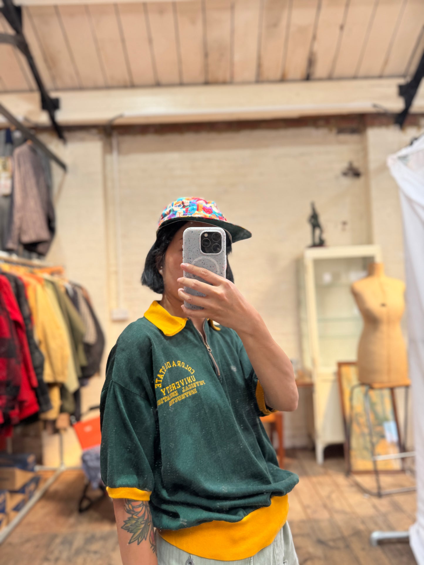 1967s ~ 1971s Champion Half-zip Green and Yellow T-Shirt with Colorado State University P.E.I. Print
