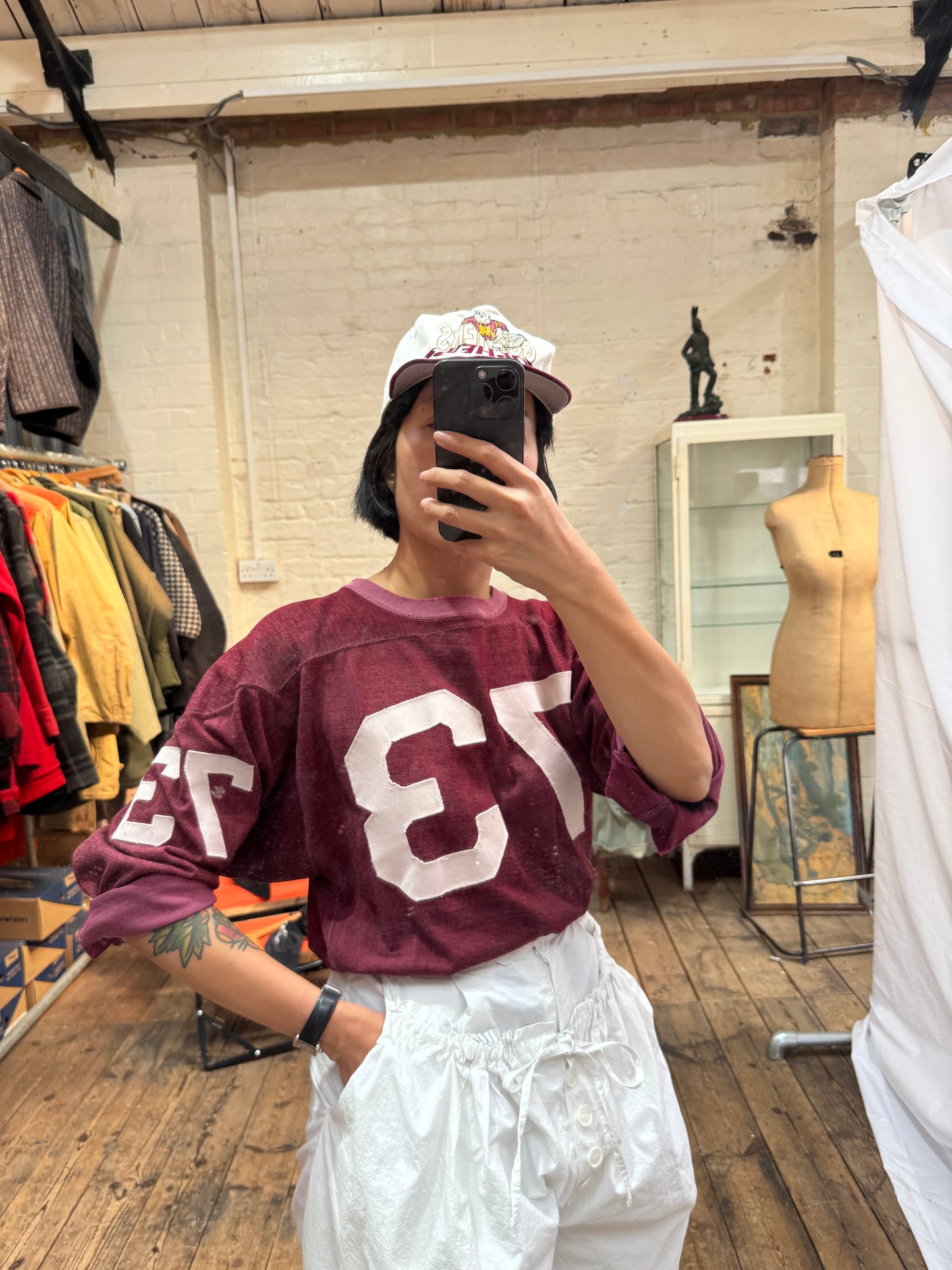 1950s Champion 3/4 Sleeve Football Burgundy Color T-Shirt with 73 Number Patches