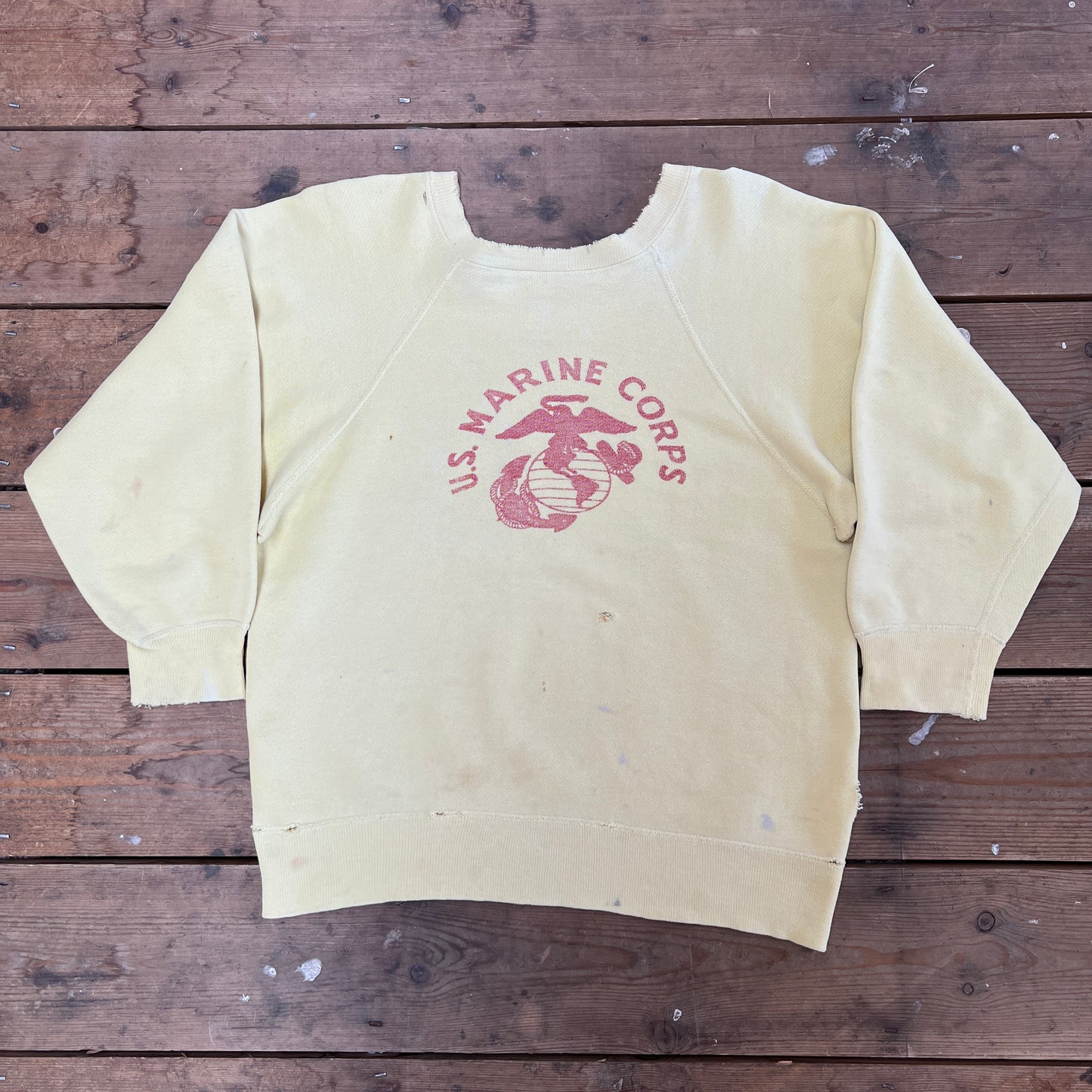 1960s U.S. Marine Corps Light Mustard Yellow Sweatshirt with Red Logo Print
