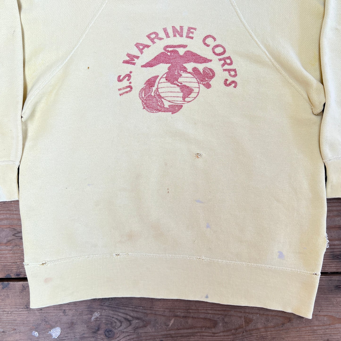 1960s U.S. Marine Corps Light Mustard Yellow Sweatshirt with Red Logo Print