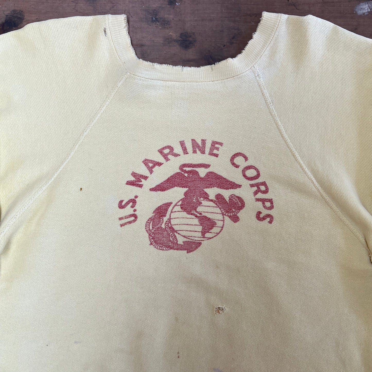 1960s U.S. Marine Corps Light Mustard Yellow Sweatshirt with Red Logo Print