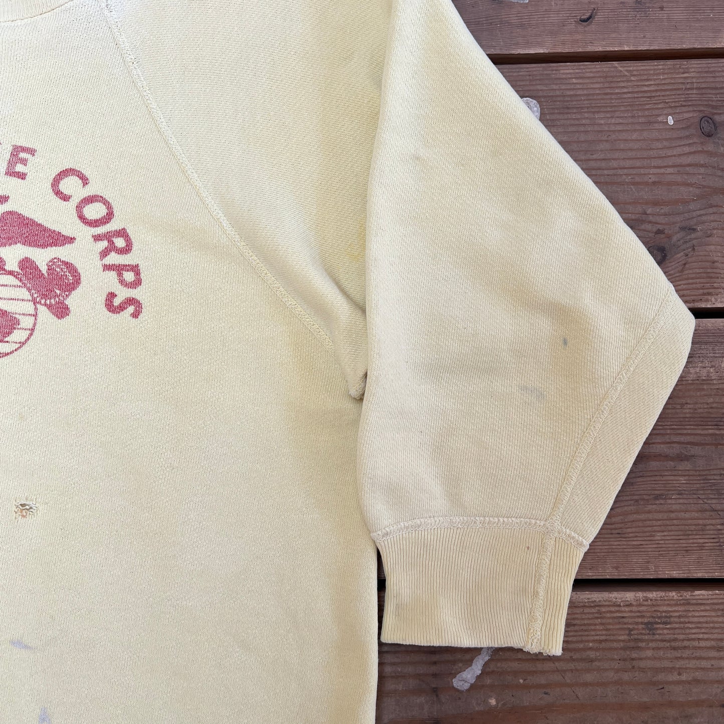 1960s U.S. Marine Corps Light Mustard Yellow Sweatshirt with Red Logo Print