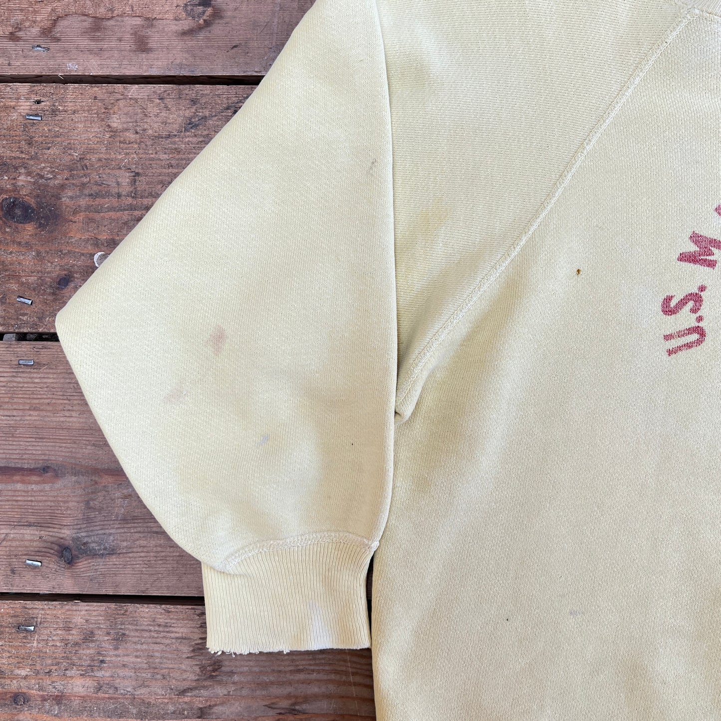 1960s U.S. Marine Corps Light Mustard Yellow Sweatshirt with Red Logo Print