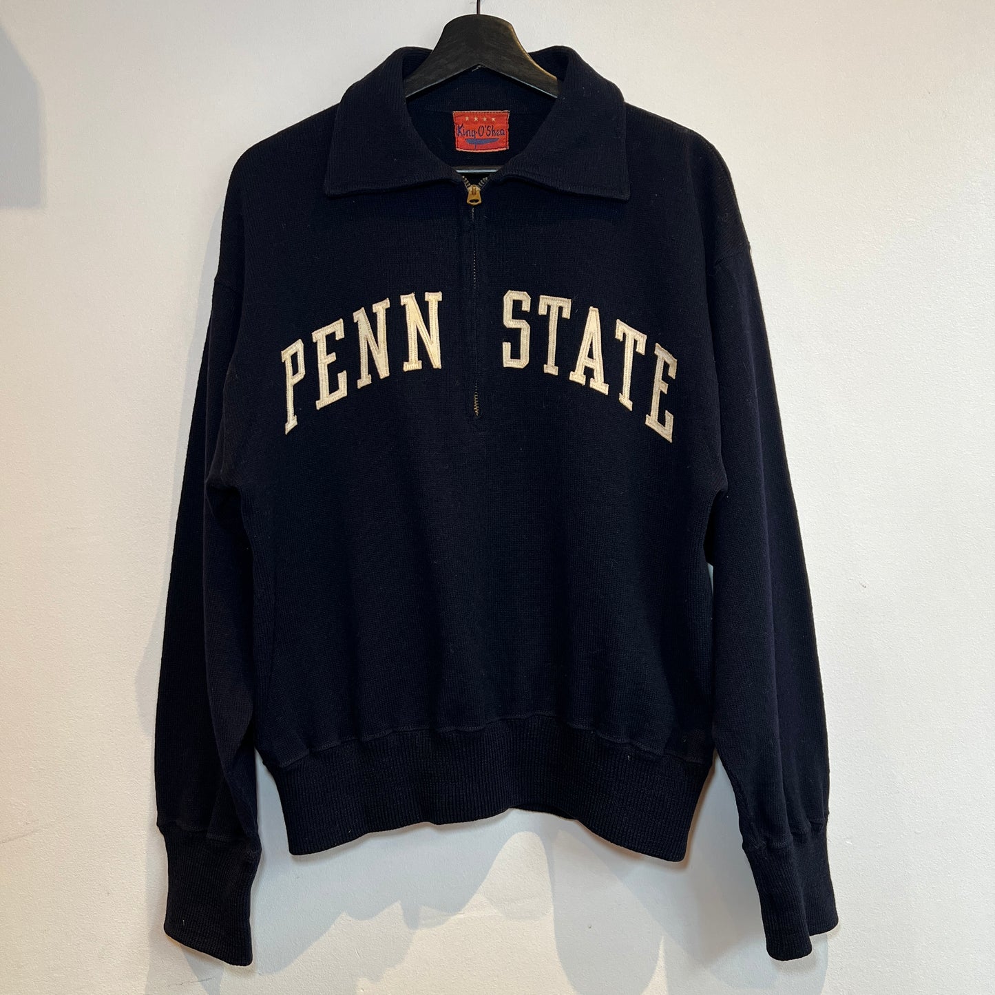 1950s King-O'Shea Half Zip Knit Navy Blue Sweater with Penn State Patches