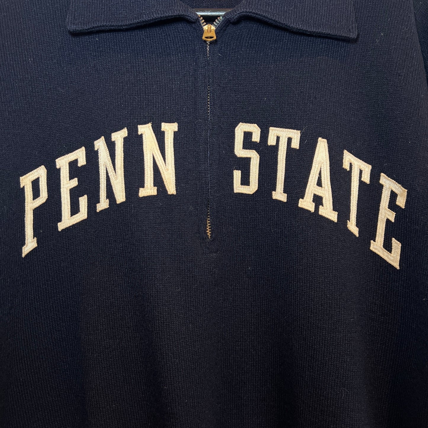 1950s King-O'Shea Half Zip Knit Navy Blue Sweater with Penn State Patches