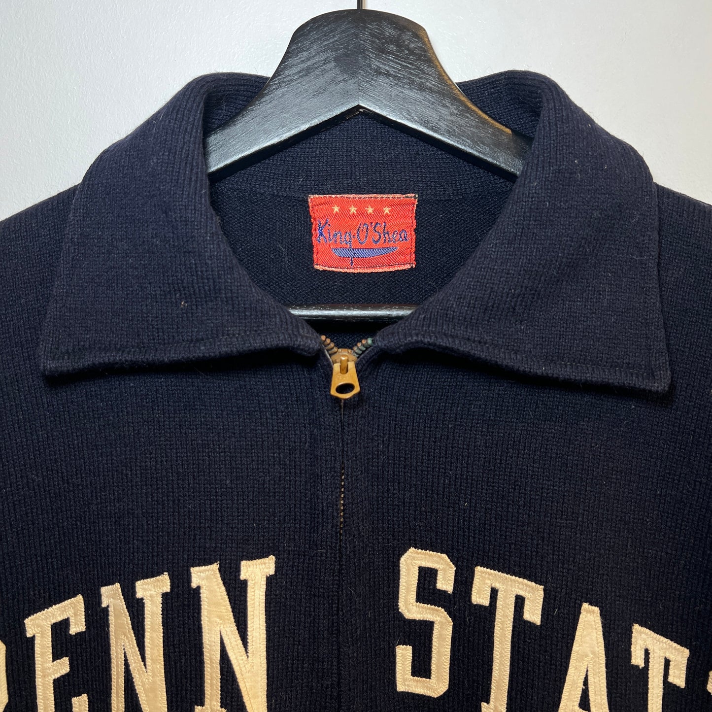 1950s King-O'Shea Half Zip Knit Navy Blue Sweater with Penn State Patches