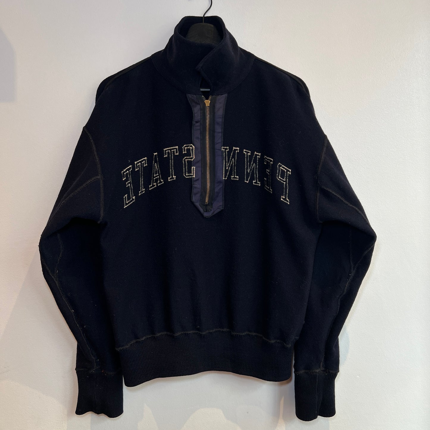 1950s King-O'Shea Half Zip Knit Navy Blue Sweater with Penn State Patches