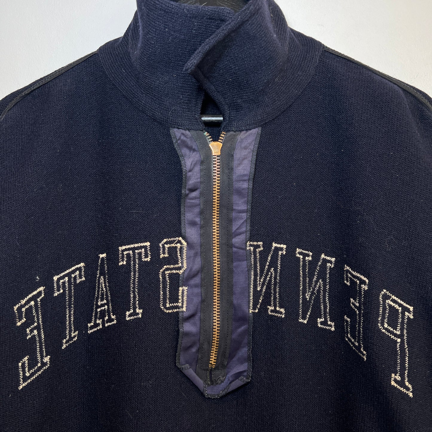 1950s King-O'Shea Half Zip Knit Navy Blue Sweater with Penn State Patches
