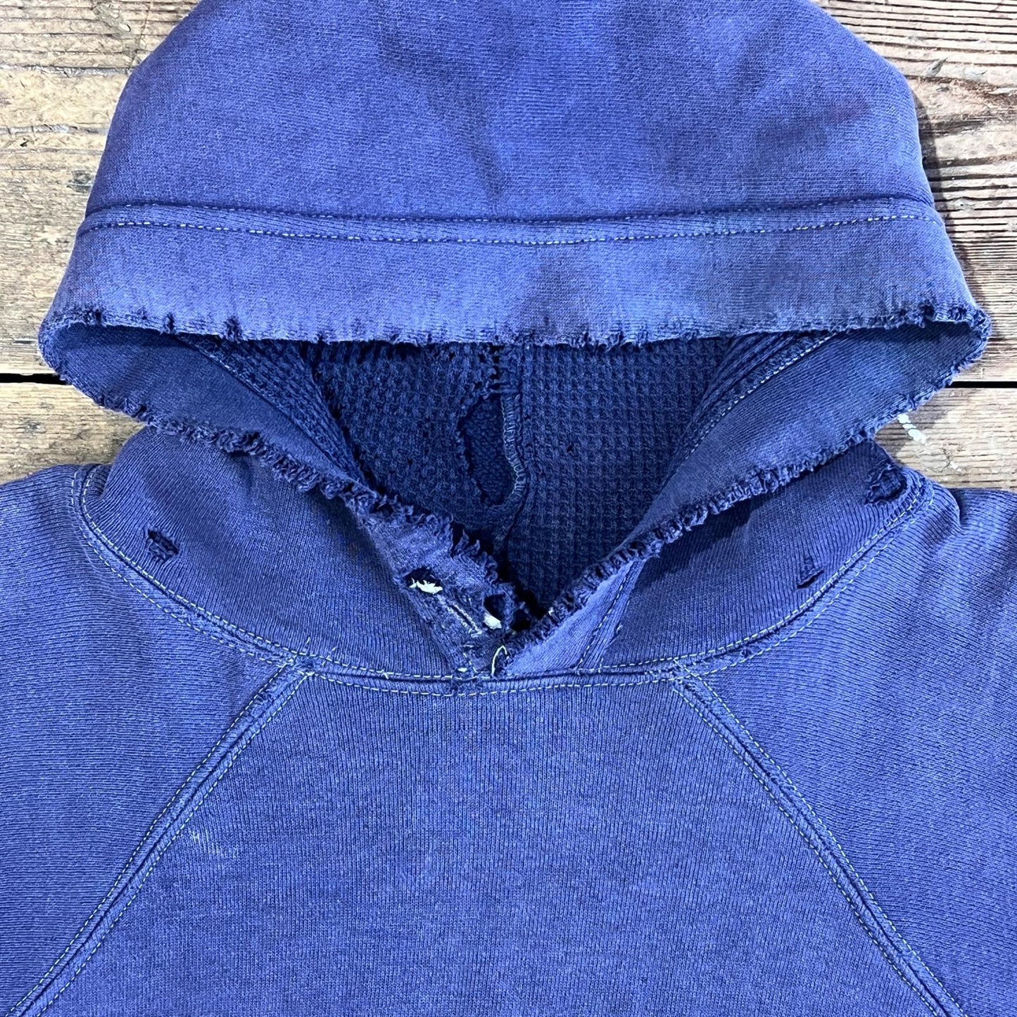 1950s ~ 1960s Pilgrim Faded & Distressed Navy Blue Waffle Thermal Lined Hoodie Sweatshirt