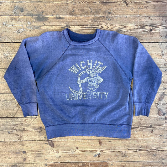 1960s Faded & Distressed Navy Blue Sweatshirt with Wichita University Print