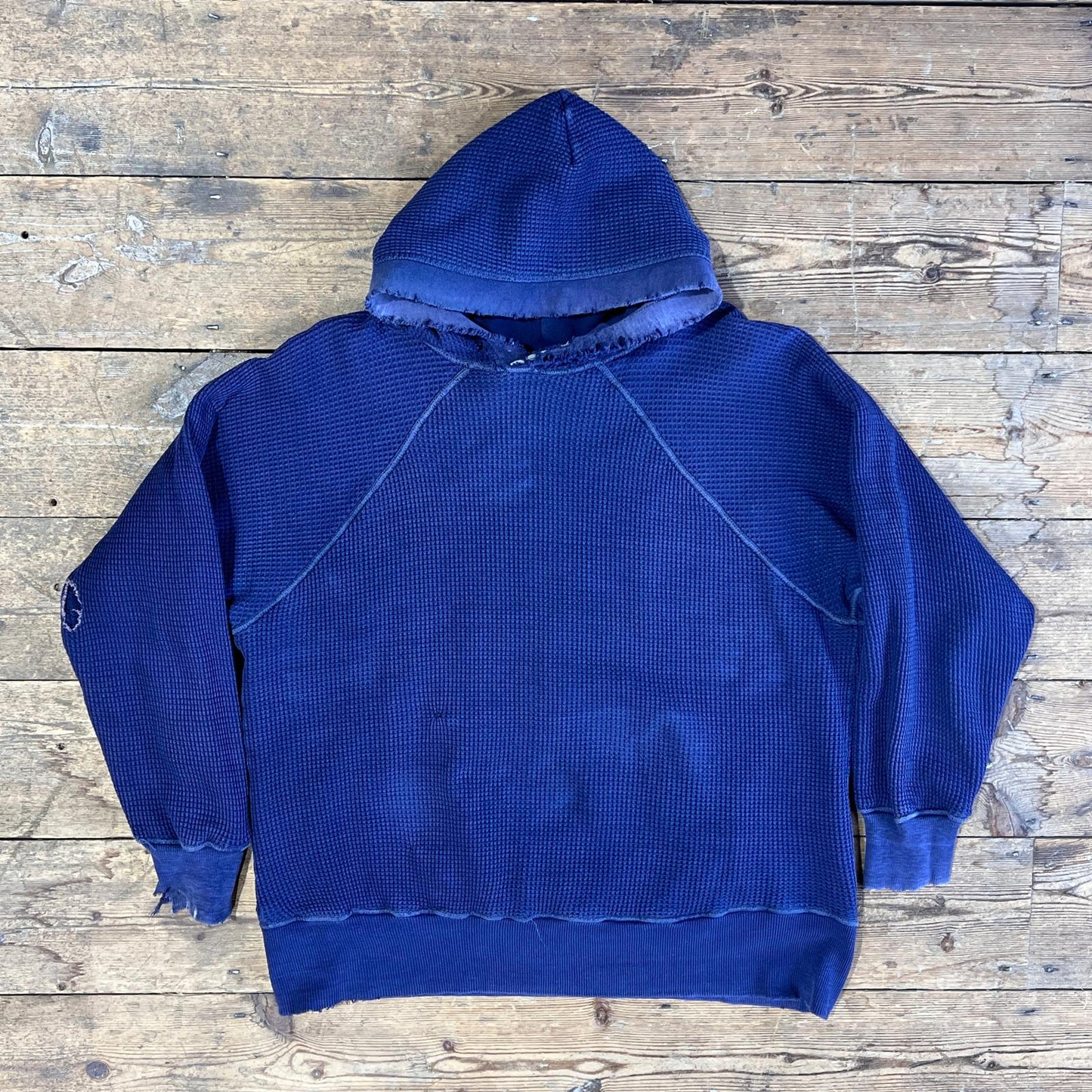 1950s ~ 1960s Pilgrim Faded & Distressed Navy Blue Waffle Thermal Lined Hoodie Sweatshirt
