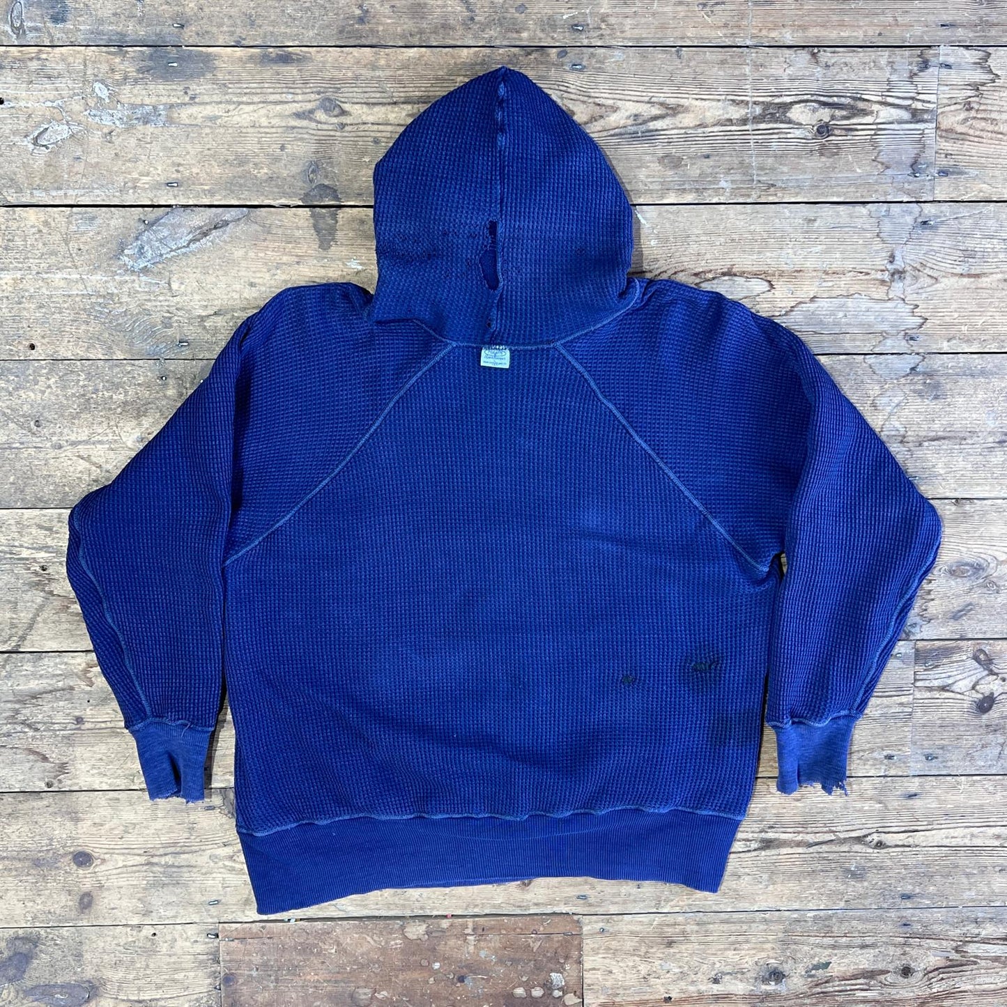 1950s ~ 1960s Pilgrim Faded & Distressed Navy Blue Waffle Thermal Lined Hoodie Sweatshirt