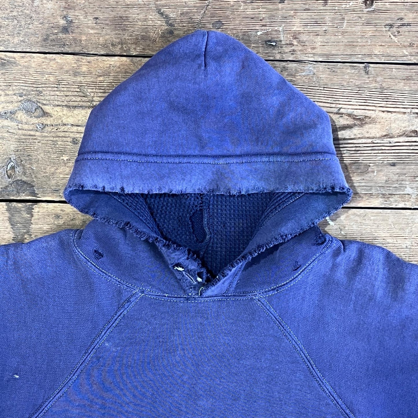 1950s ~ 1960s Pilgrim Faded & Distressed Navy Blue Waffle Thermal Lined Hoodie Sweatshirt
