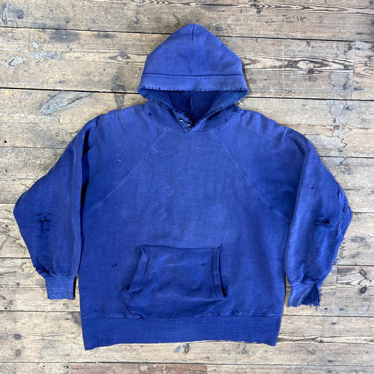 1950s ~ 1960s Pilgrim Faded & Distressed Navy Blue Waffle Thermal Lined Hoodie Sweatshirt