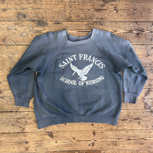1960s Faded Grey Blue Sweatshirt with Saint Francis School of Nursing Print